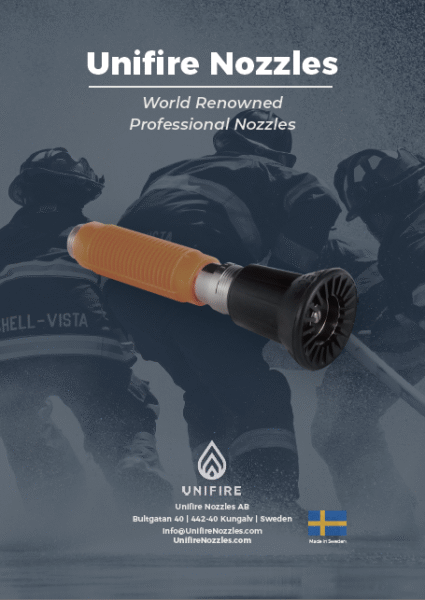 Unifire Nozzles brochure cover featuring Swedish firefighting nozzles for professional and industrial use